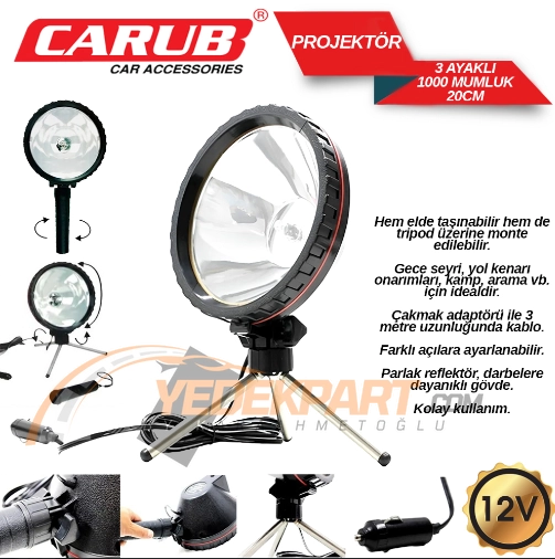 CARUB Projektör 12V 3 Ayaklı 1000 Mumluk